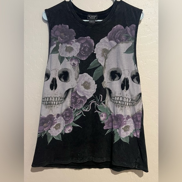 Midnight Hour Tops - Midnight Hour Skull Floral Tank Top•Goth Grunge Sleeveless Tee•Black Purple Rose